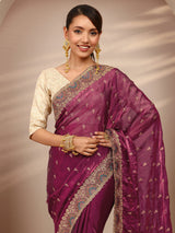 Libas Burgundy Embroidered Silk Blend Saree 
With Unstitched Blouse Piece