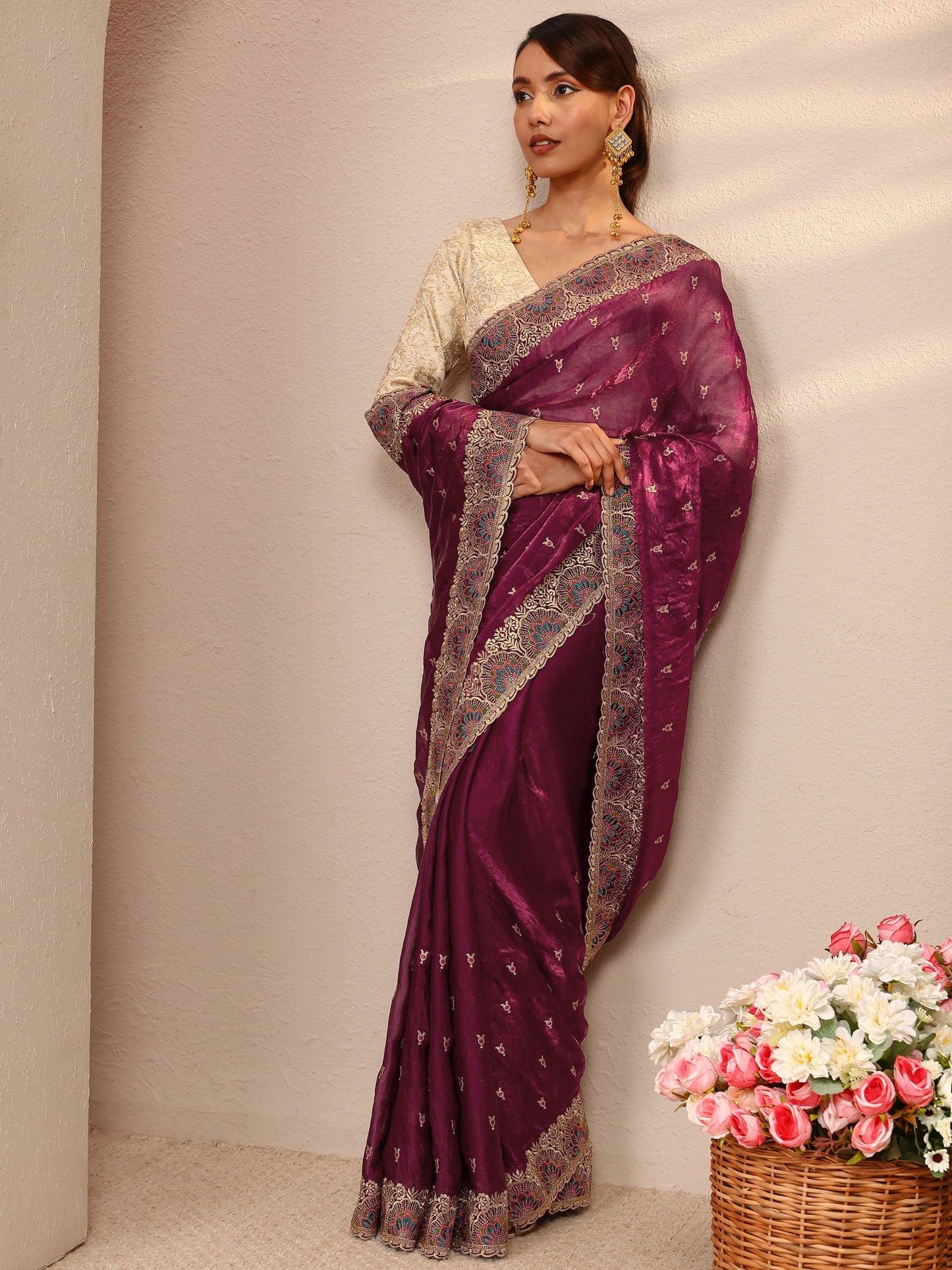 Libas Burgundy Embroidered Silk Blend Saree 
With Unstitched Blouse Piece