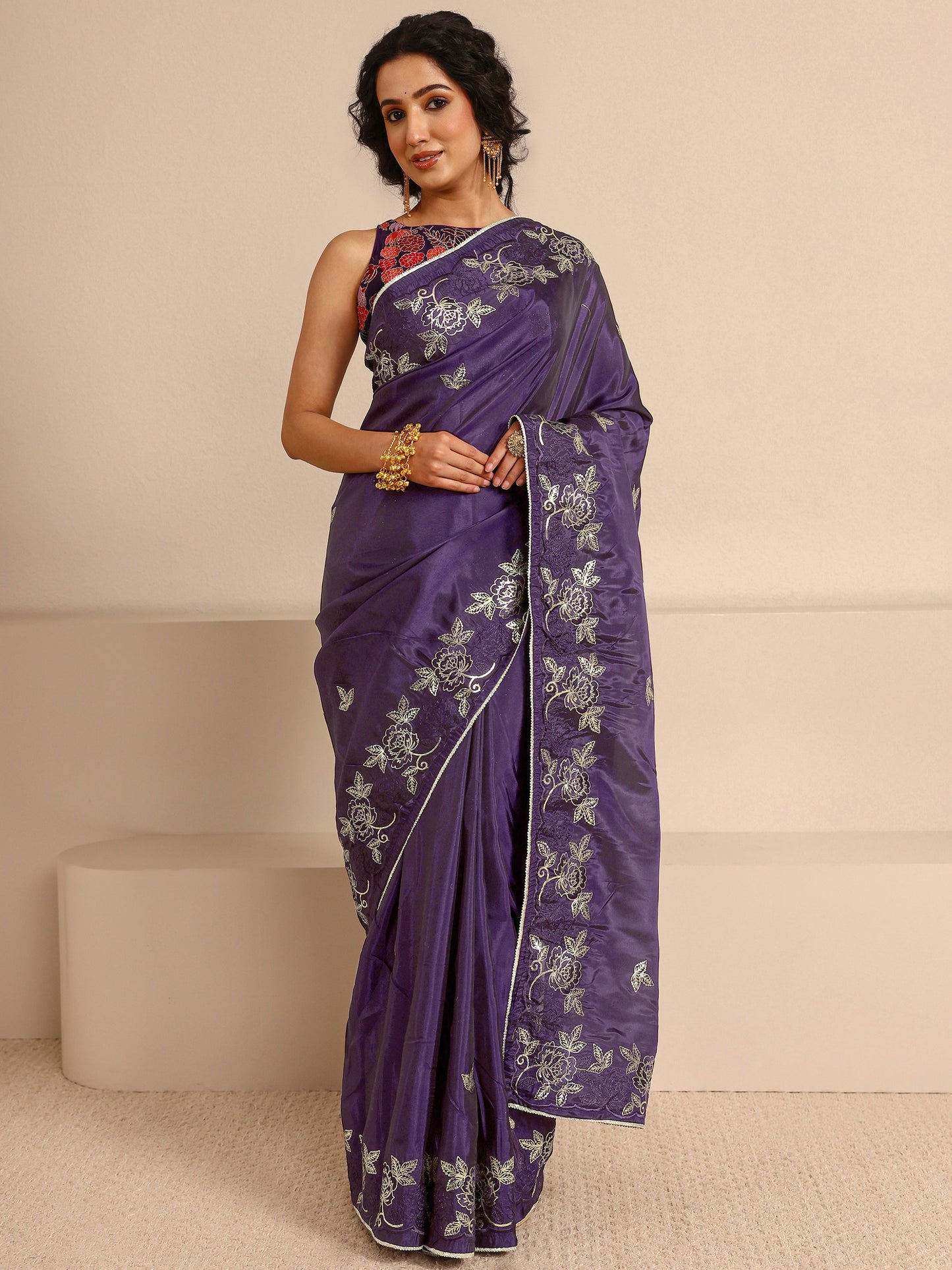 Libas Purple Embellished Silk Blend Saree  With Unstitched Blouse Piece