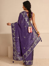 Libas Purple Embellished Silk Blend Saree  With Unstitched Blouse Piece