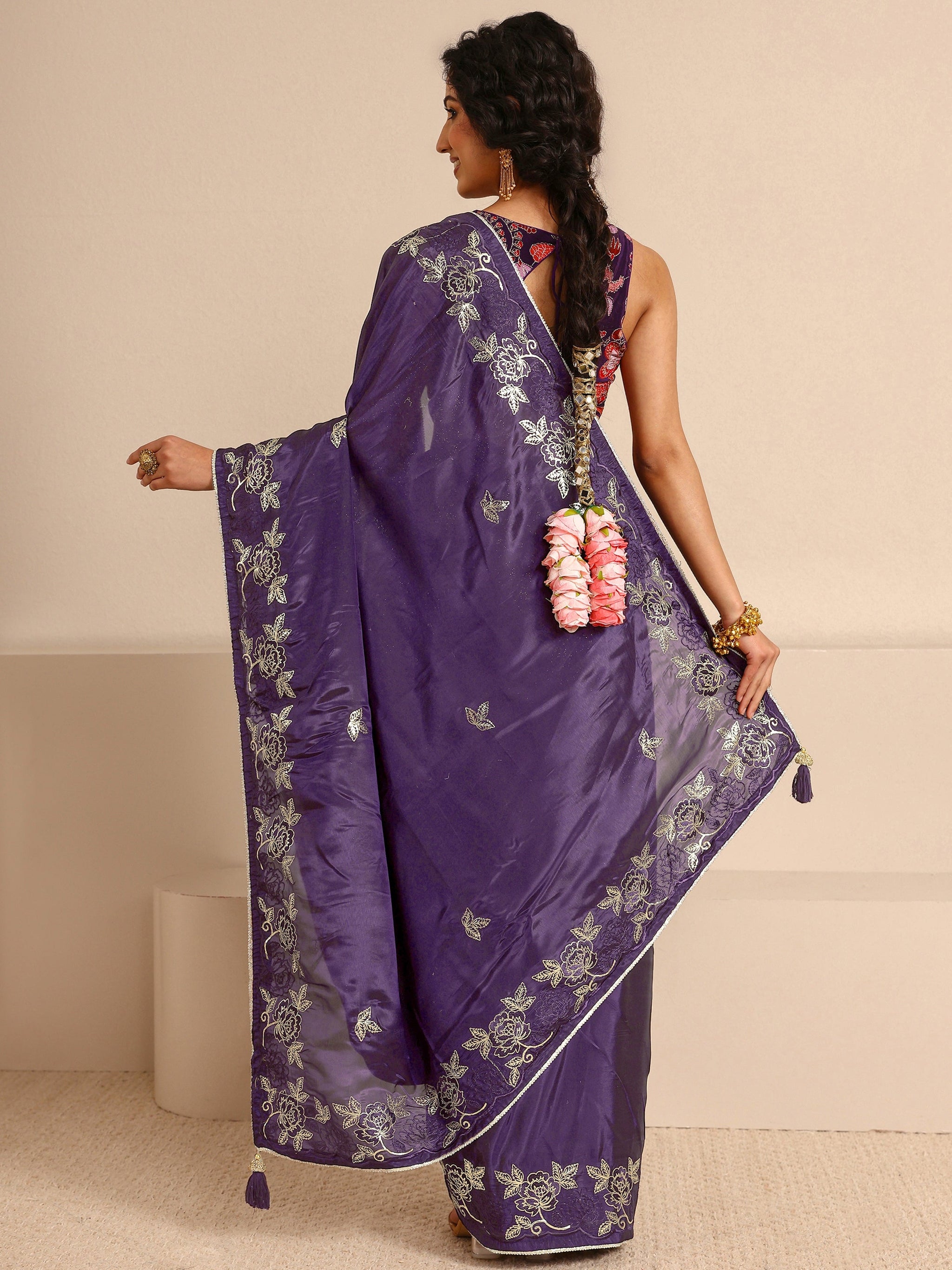 Libas Purple Embellished Silk Blend Saree  With Unstitched Blouse Piece