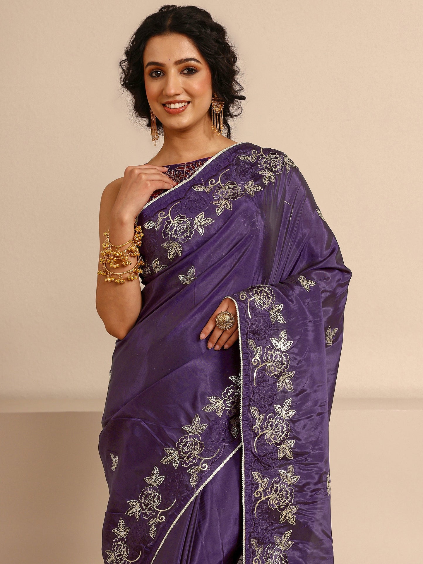 Libas Purple Embellished Silk Blend Saree  With Unstitched Blouse Piece