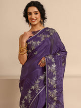 Libas Purple Embellished Silk Blend Saree  With Unstitched Blouse Piece