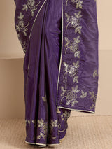 Libas Purple Embellished Silk Blend Saree  With Unstitched Blouse Piece