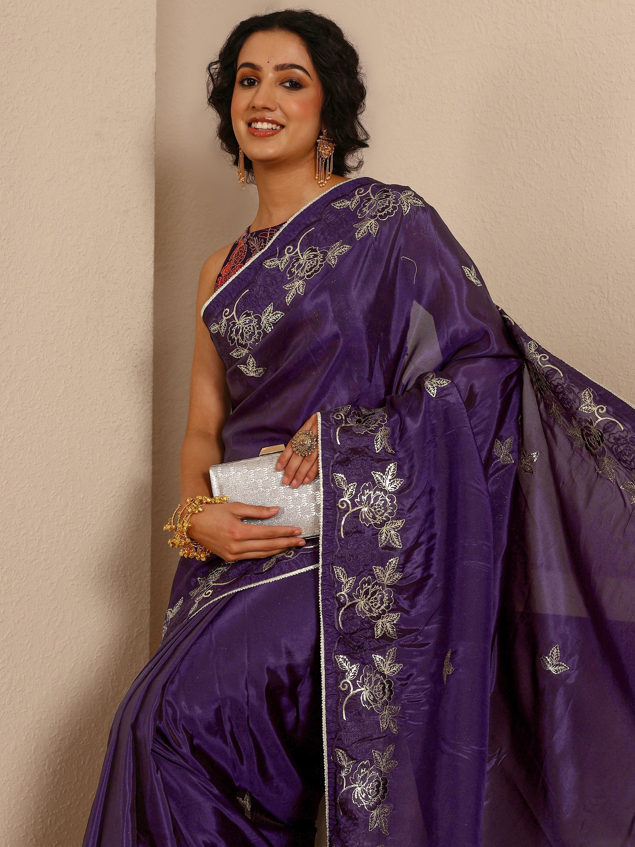 Libas Purple Embellished Silk Blend Saree  With Unstitched Blouse Piece