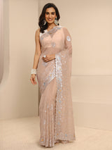 Libas Beige Embellished Silk Blend Saree With Unstitched Blouse Piece