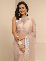 Libas Beige Embellished Silk Blend Saree With Unstitched Blouse Piece