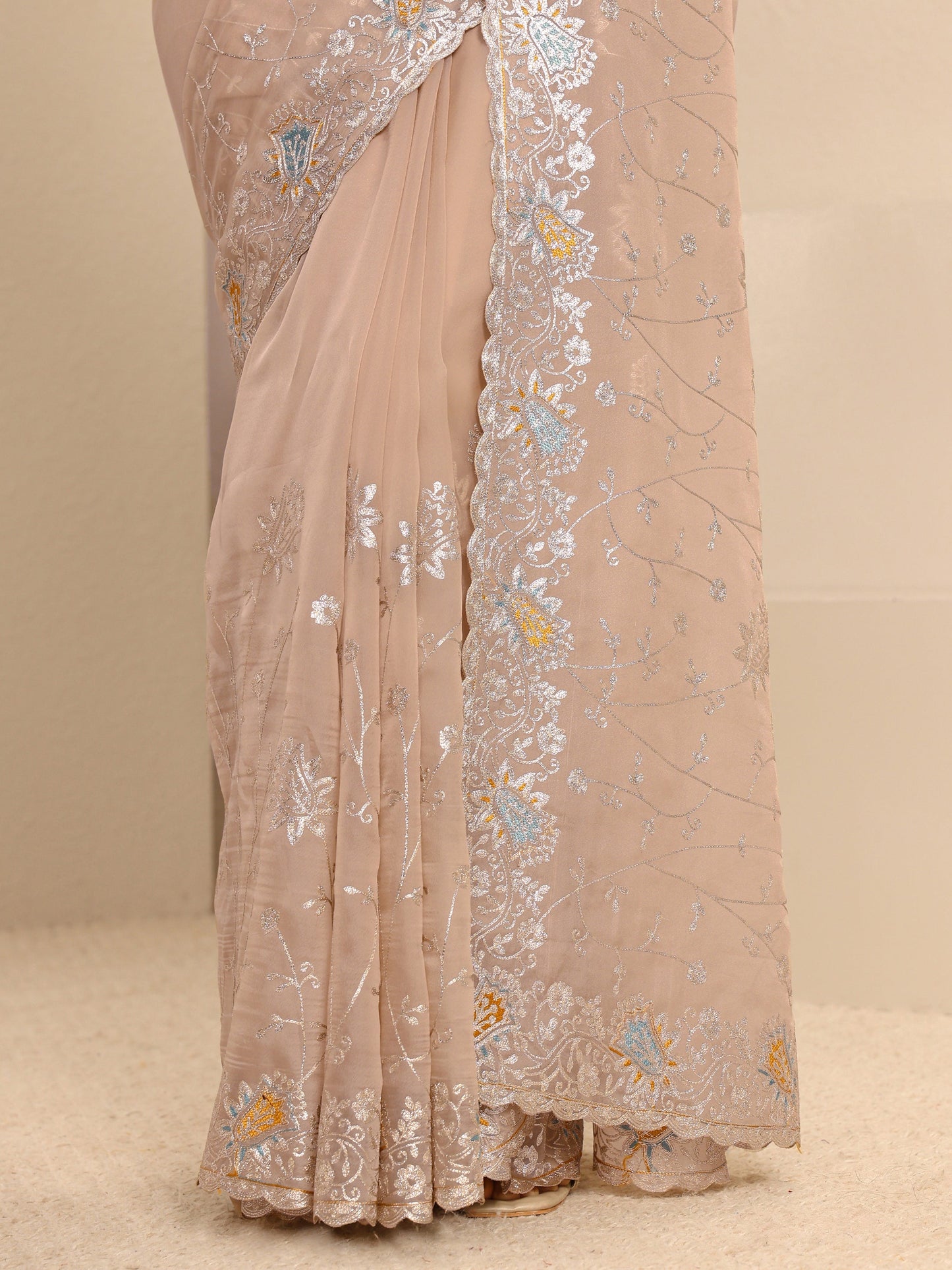Libas Beige Embellished Silk Blend Saree With Unstitched Blouse Piece