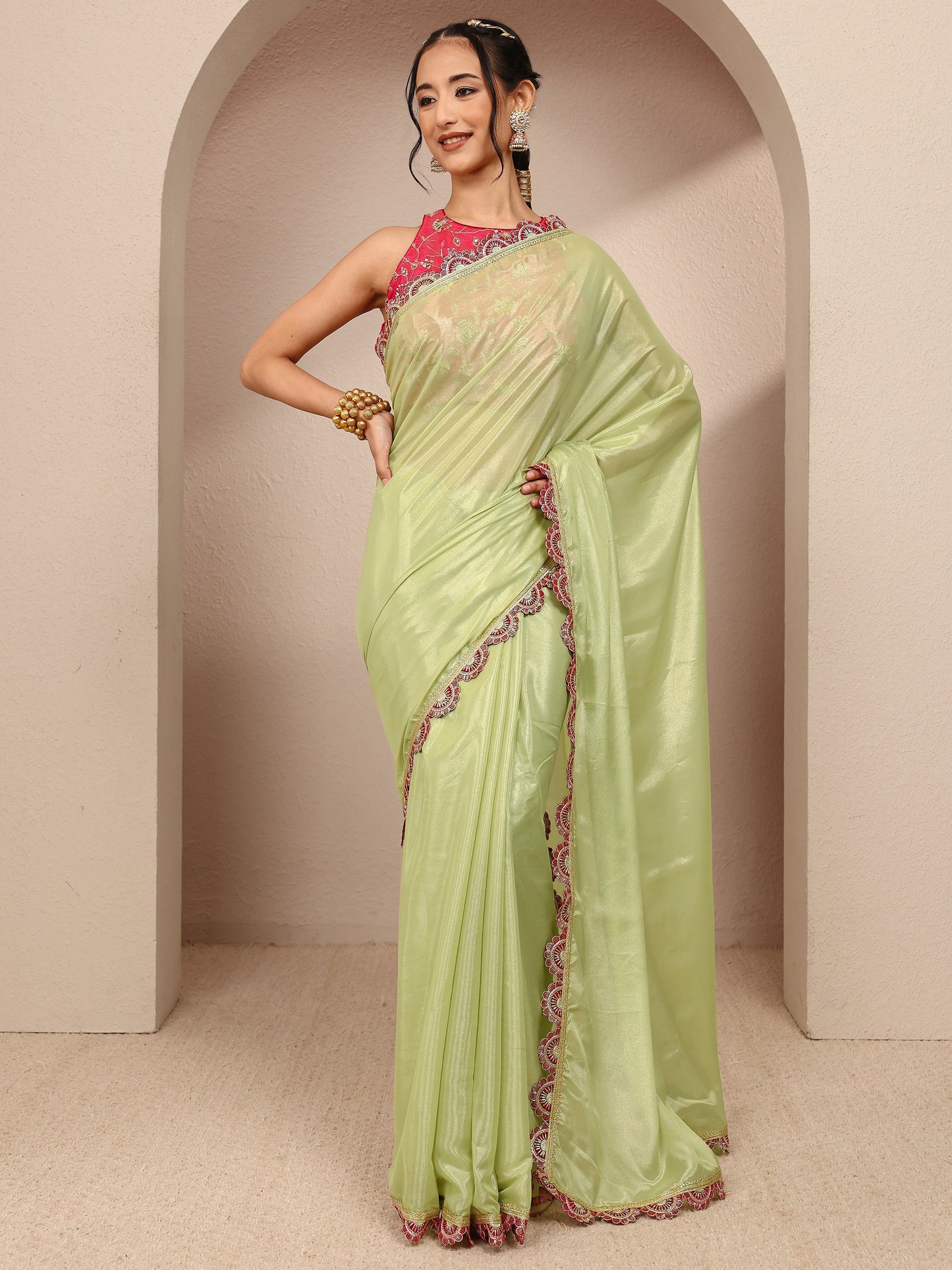 Libas Green Solid Tissue Saree With Unstitched Blouse Piece