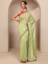 Libas Green Solid Tissue Saree With Unstitched Blouse Piece