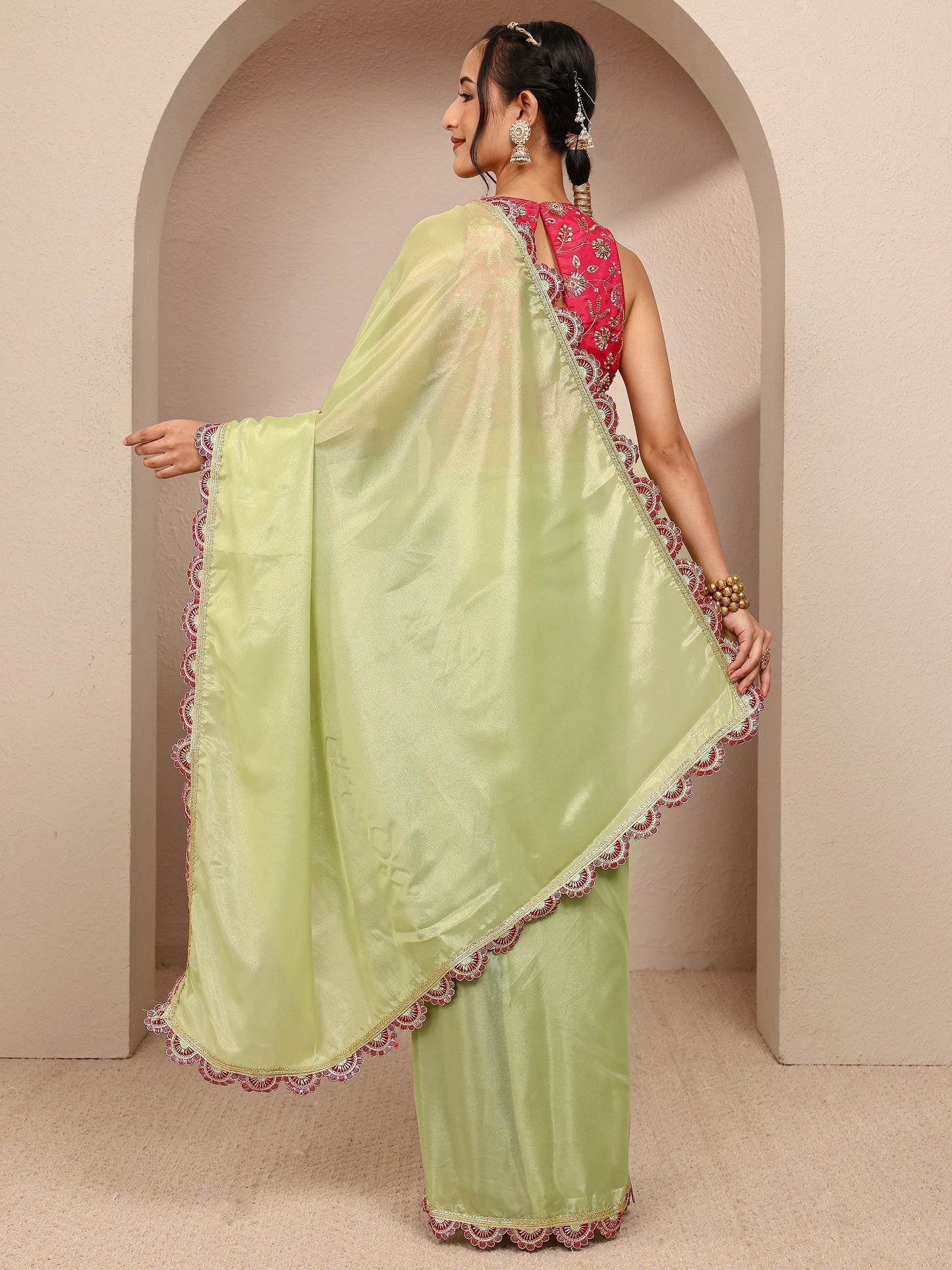 Libas Green Solid Tissue Saree With Unstitched Blouse Piece