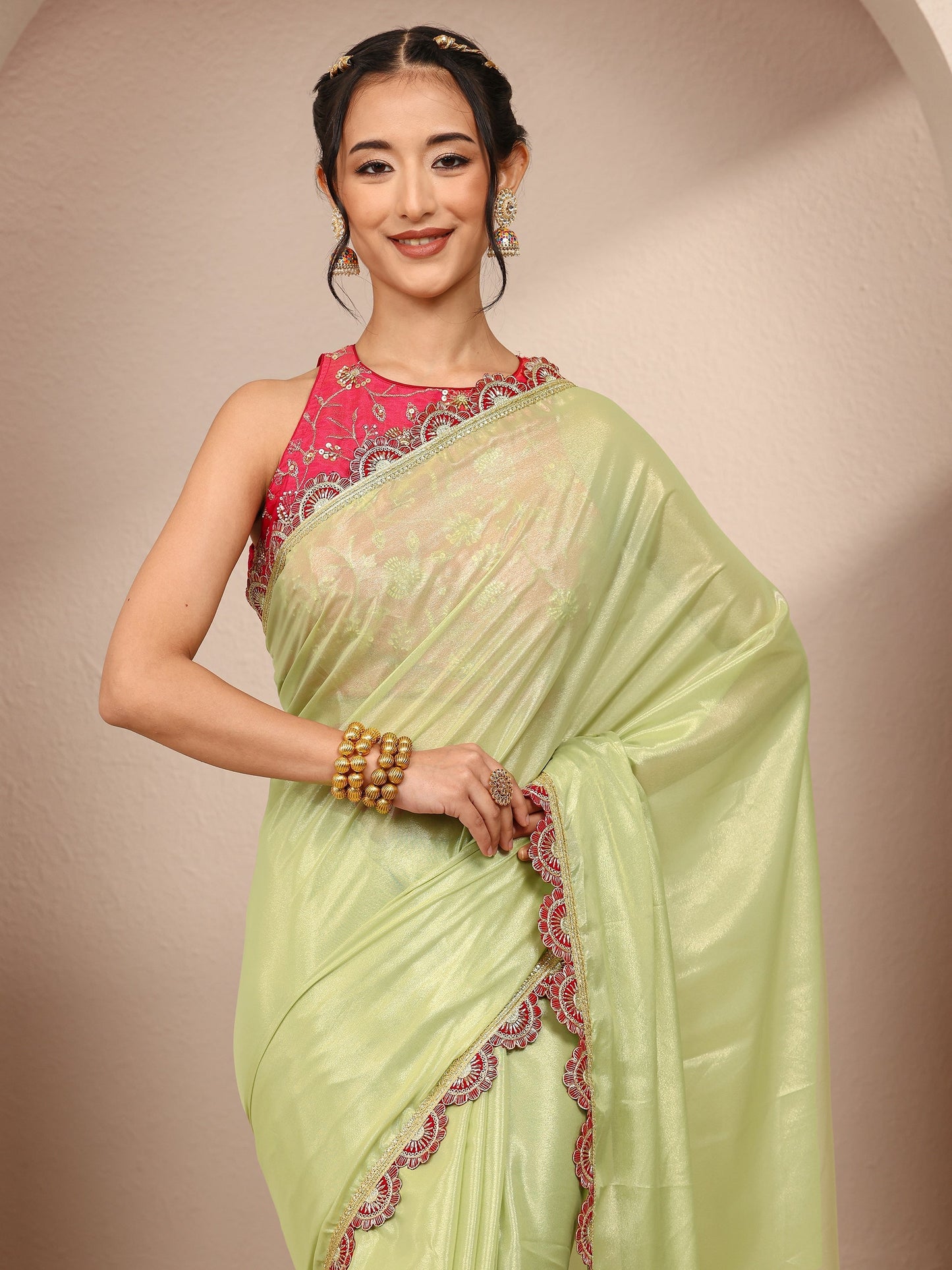 Libas Green Solid Tissue Saree With Unstitched Blouse Piece