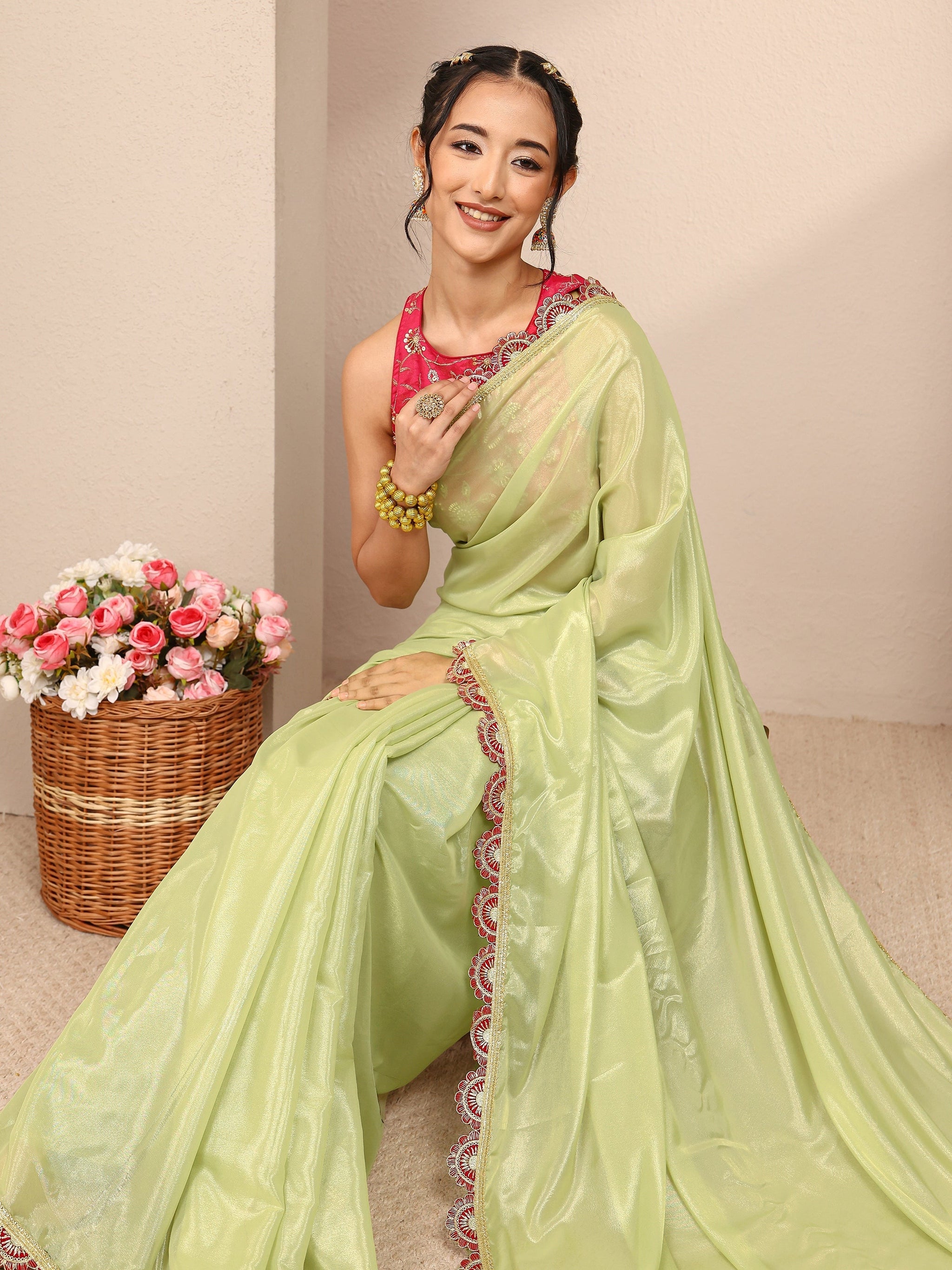 Libas Green Solid Tissue Saree With Unstitched Blouse Piece