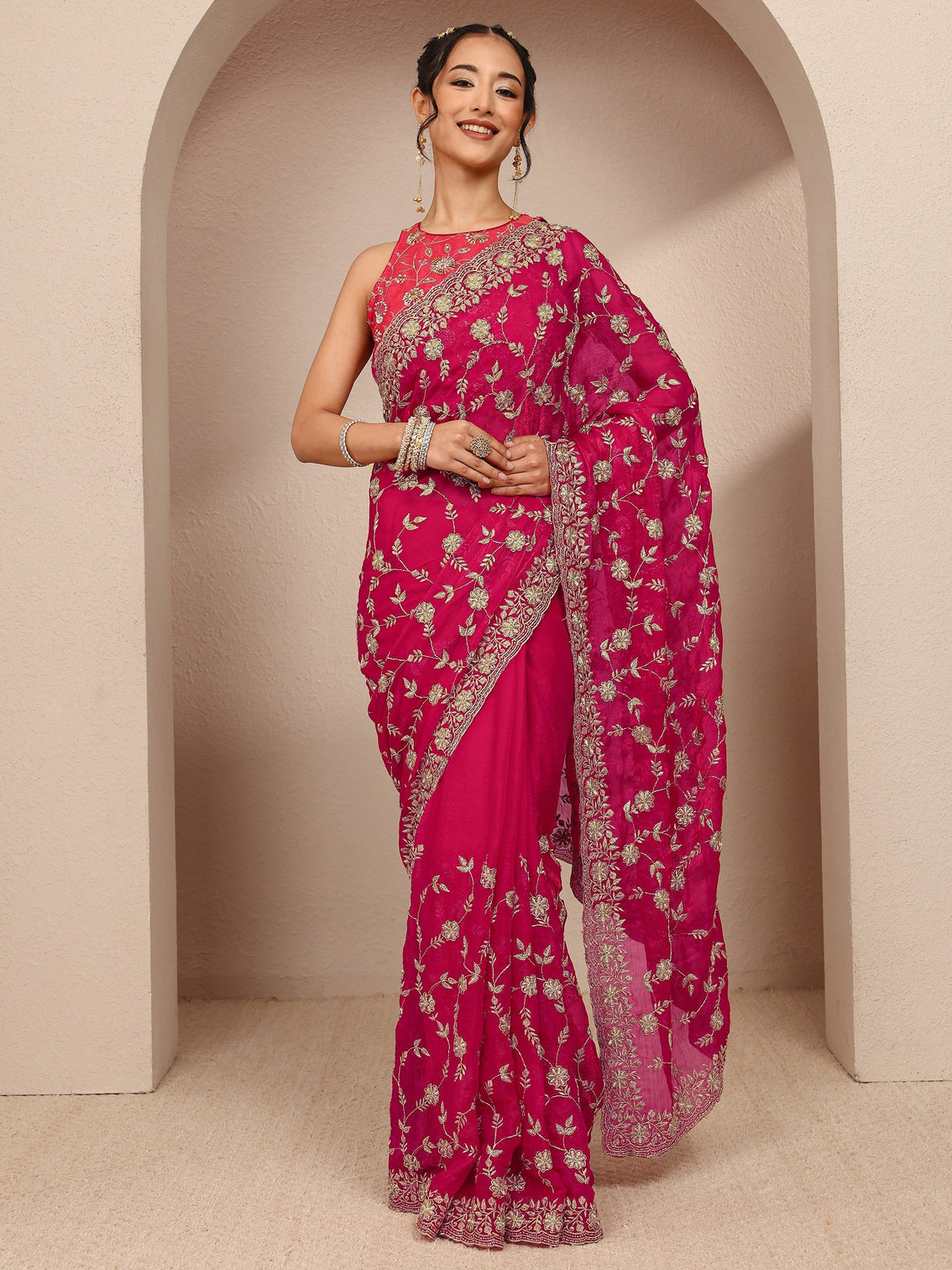 Mameraa Pink Floral Embellished Chiffon Saree With Unstitched Blouse Piece