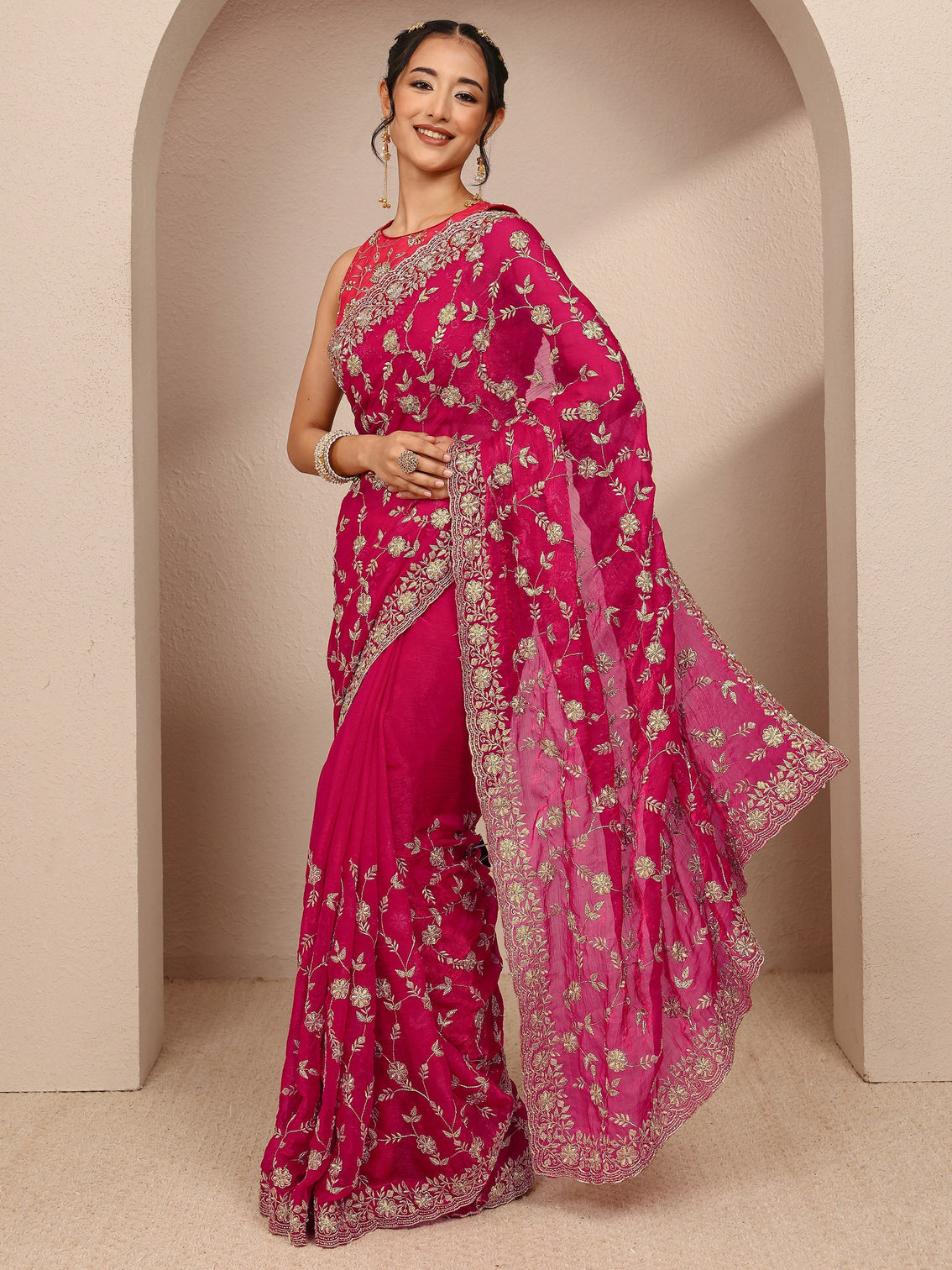 Mameraa Pink Floral Embellished Chiffon Saree With Unstitched Blouse Piece