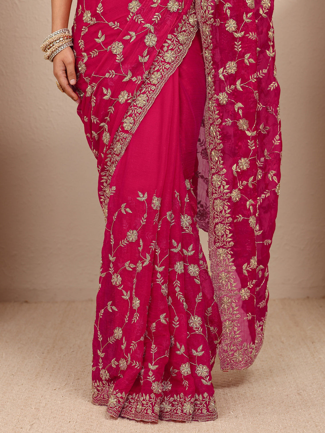 Mameraa Pink Floral Embellished Chiffon Saree With Unstitched Blouse Piece