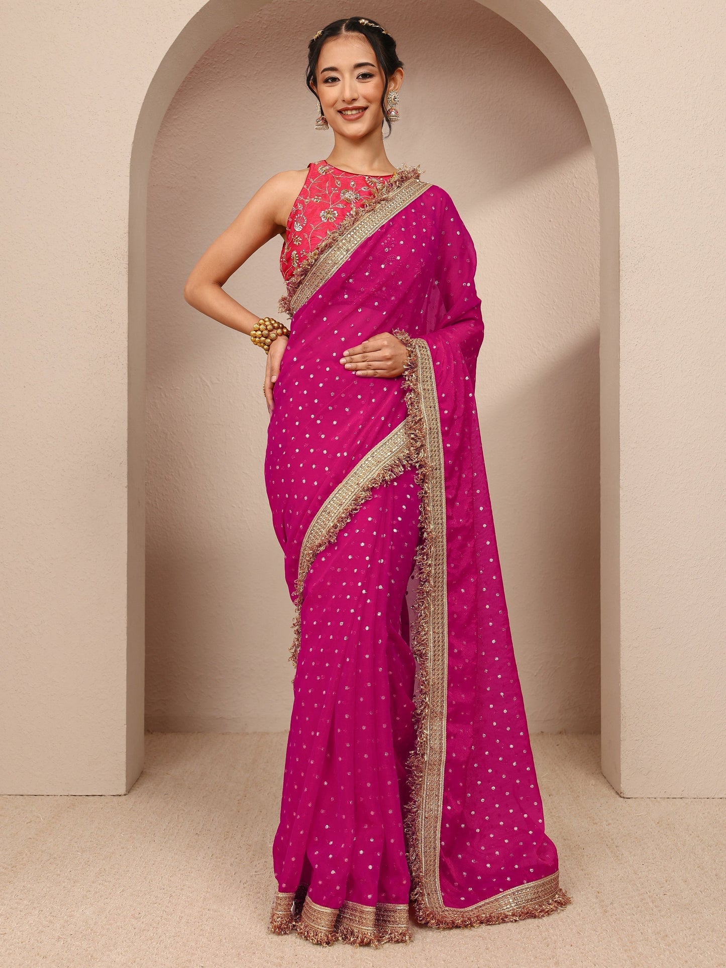 Libas Pink Woven Design Tissue Saree With Unstitched Blouse Piece