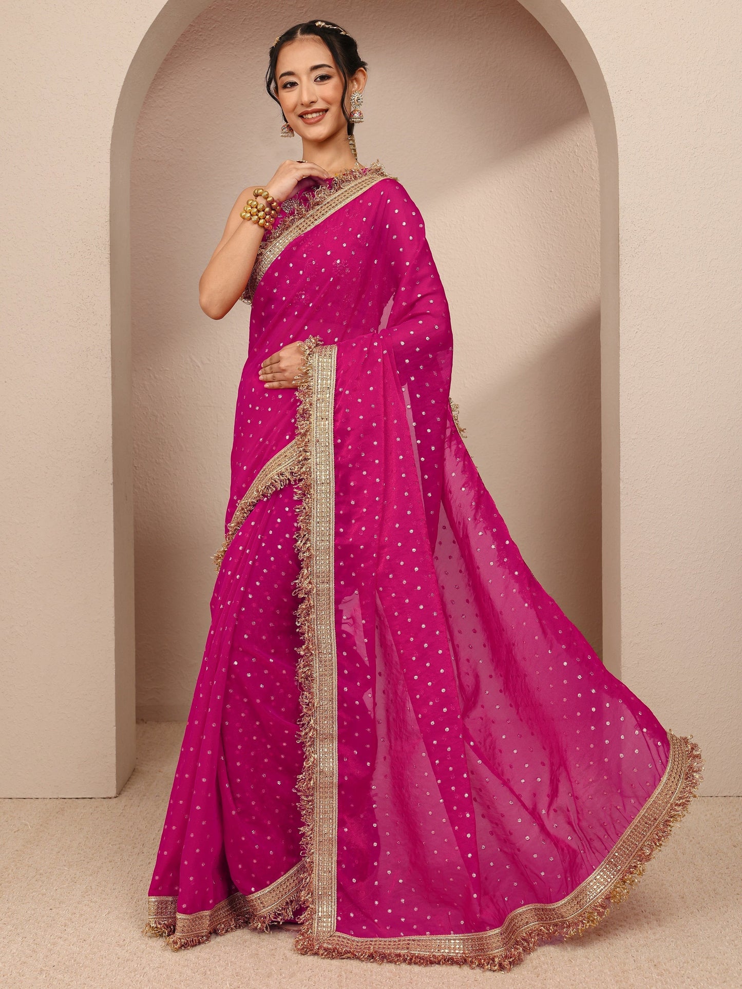 Libas Pink Woven Design Tissue Saree With Unstitched Blouse Piece