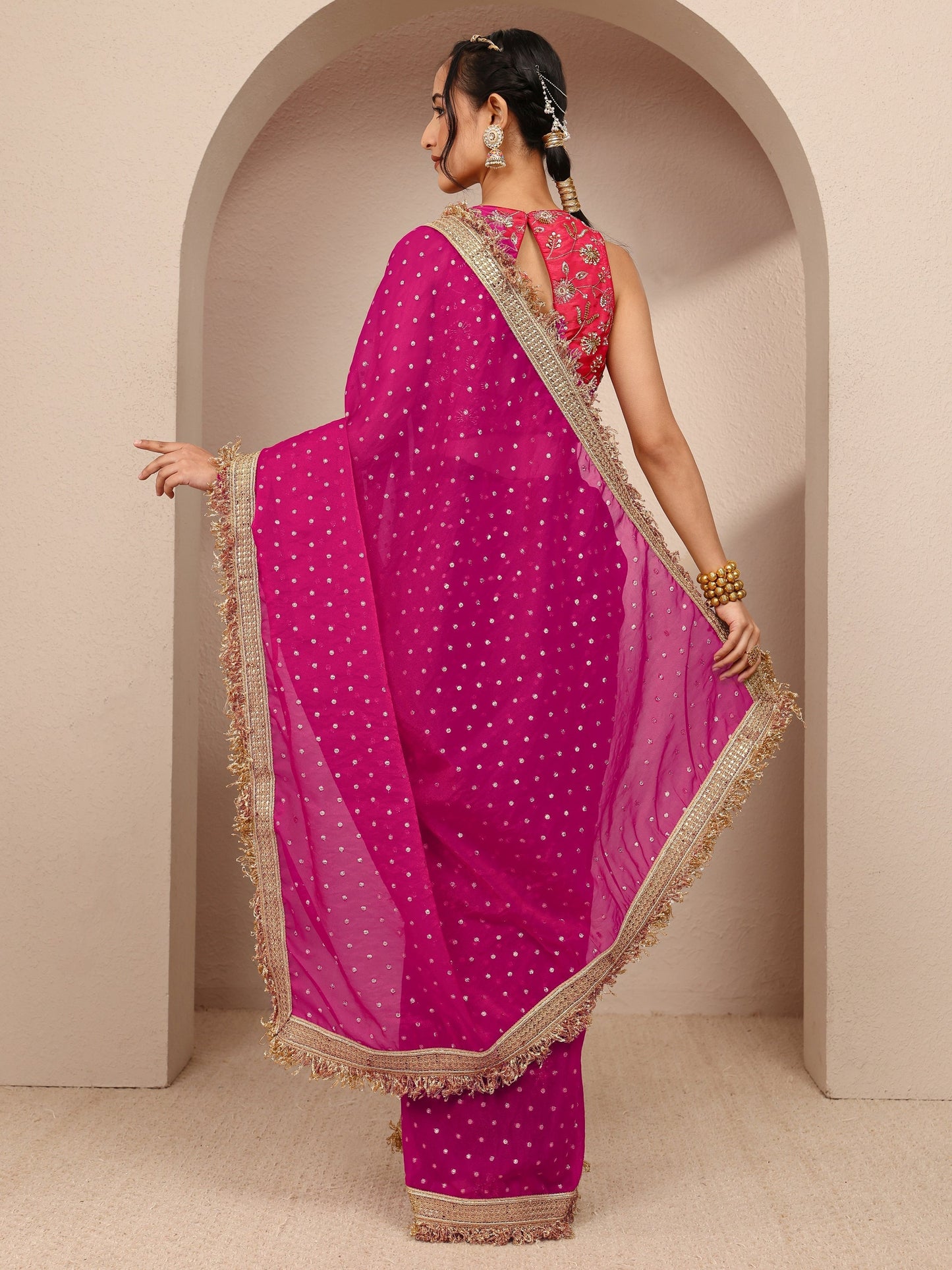 Libas Pink Woven Design Tissue Saree With Unstitched Blouse Piece