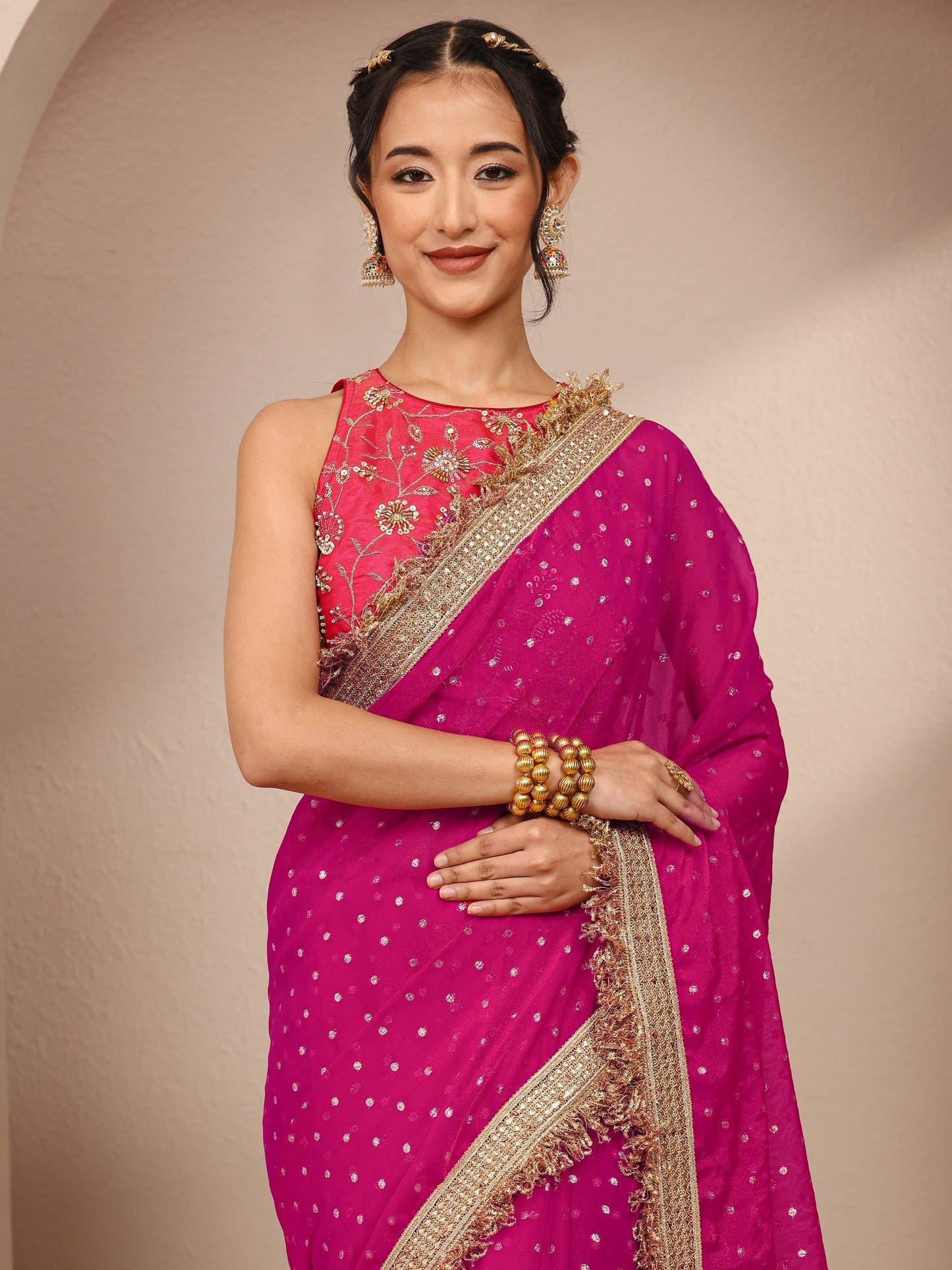 Libas Pink Woven Design Tissue Saree With Unstitched Blouse Piece