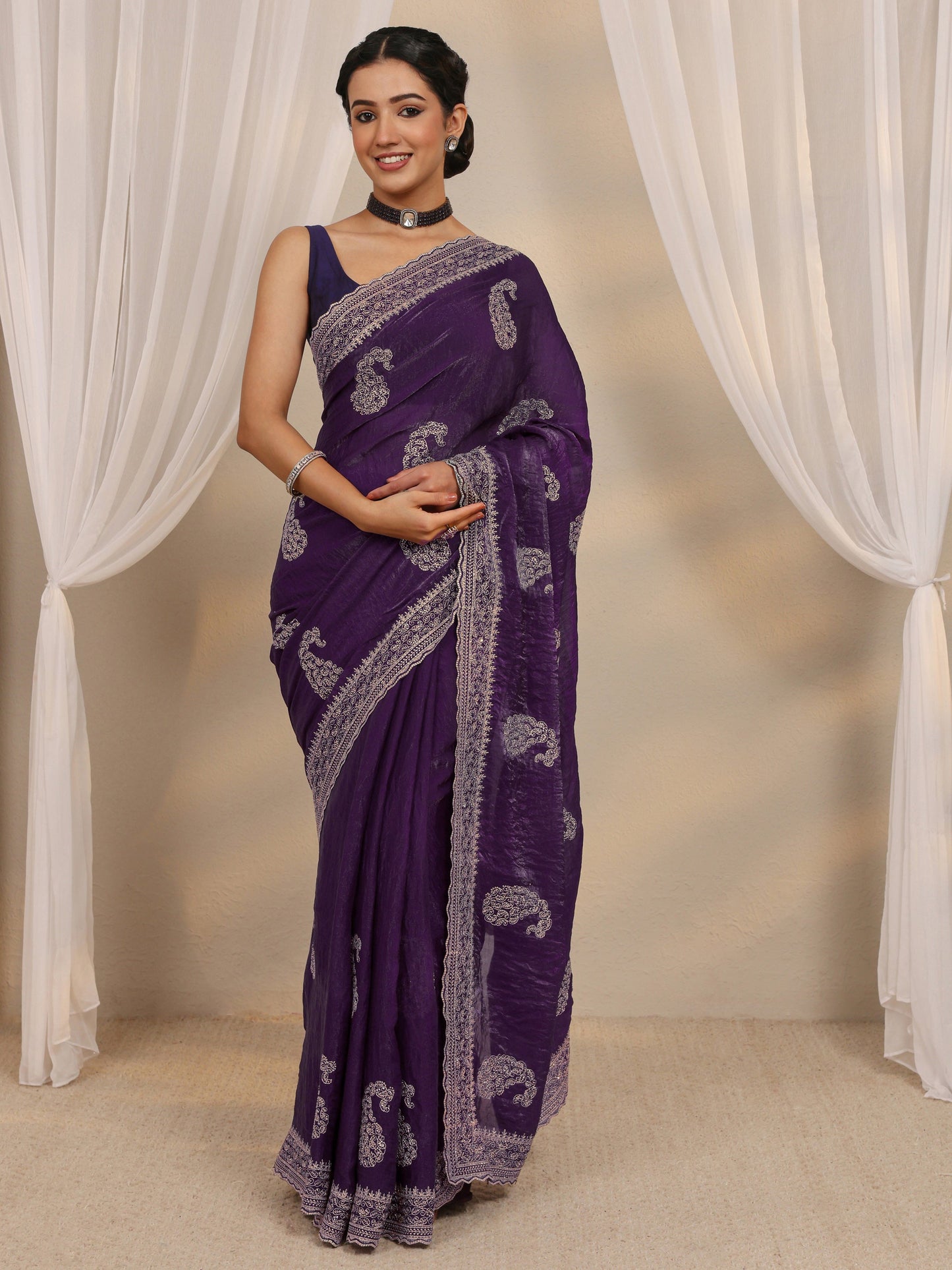 Libas Purple Paisley Embellished Tissue Saree With Unstitched Blouse Piece