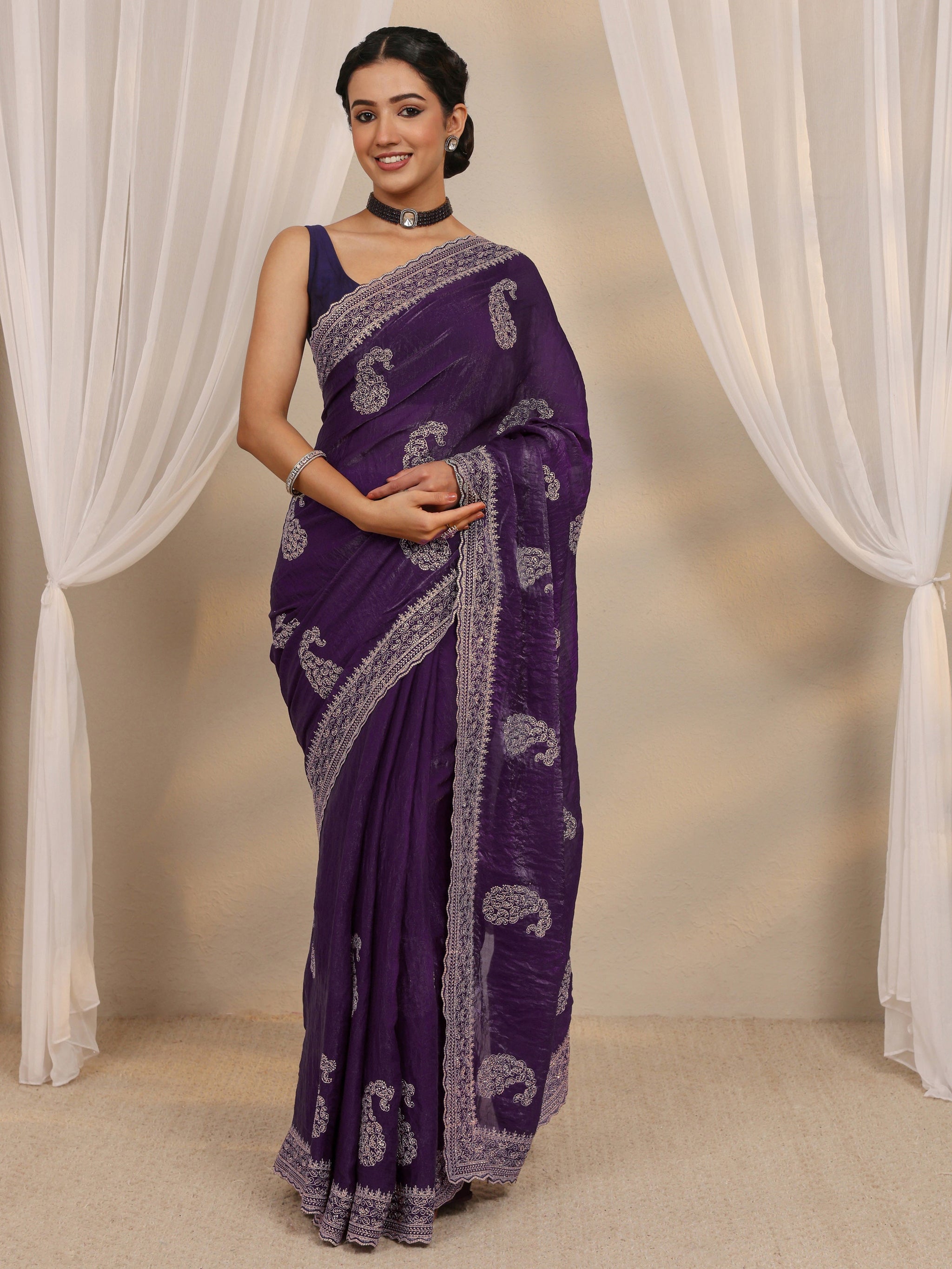Libas Purple Paisley Embellished Tissue Saree With Unstitched Blouse Piece
