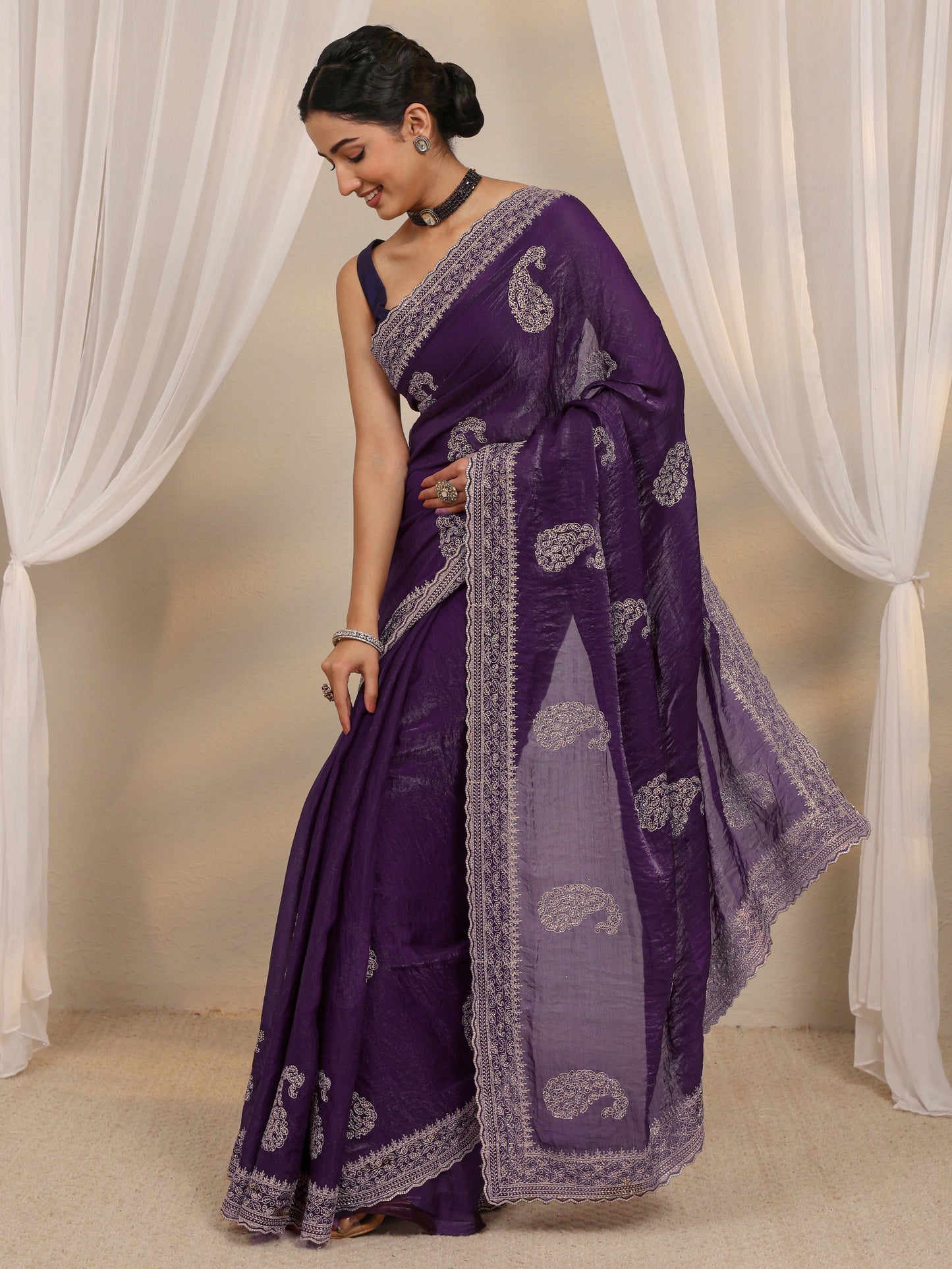 Libas Purple Paisley Embellished Tissue Saree With Unstitched Blouse Piece