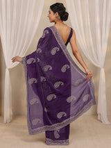 Libas Purple Paisley Embellished Tissue Saree With Unstitched Blouse Piece
