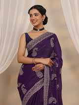 Libas Purple Paisley Embellished Tissue Saree With Unstitched Blouse Piece