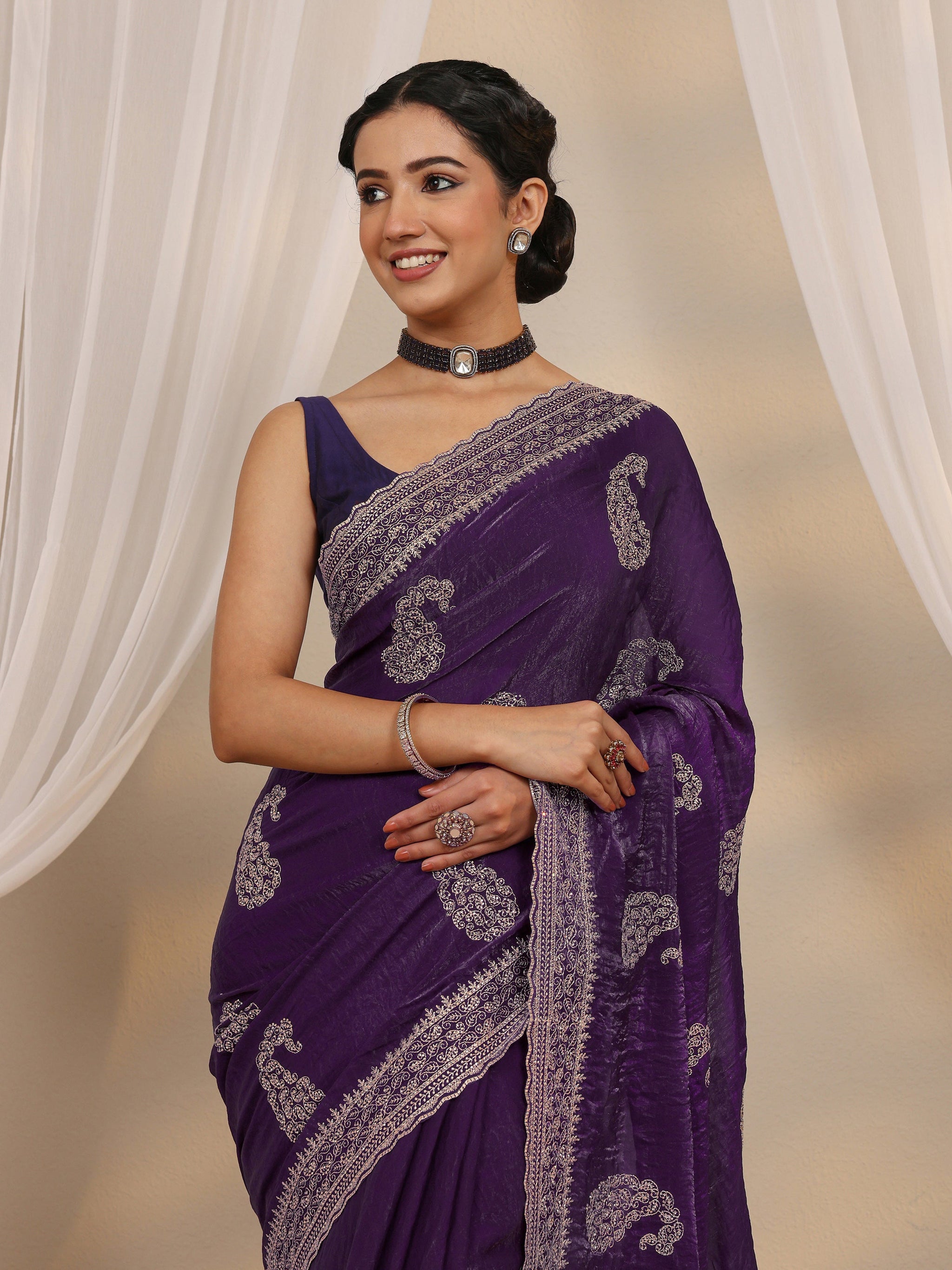 Libas Purple Paisley Embellished Tissue Saree With Unstitched Blouse Piece