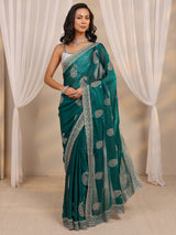 Libas Green Paisley Embellished Tissue Saree With Unstitched Blouse Piece