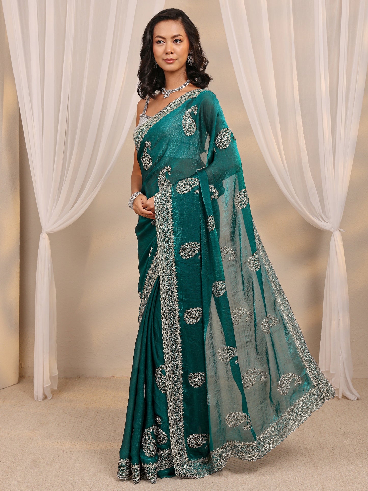 Libas Green Paisley Embellished Tissue Saree With Unstitched Blouse Piece