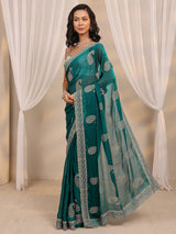 Libas Green Paisley Embellished Tissue Saree With Unstitched Blouse Piece