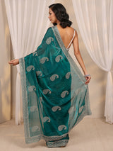 Libas Green Paisley Embellished Tissue Saree With Unstitched Blouse Piece