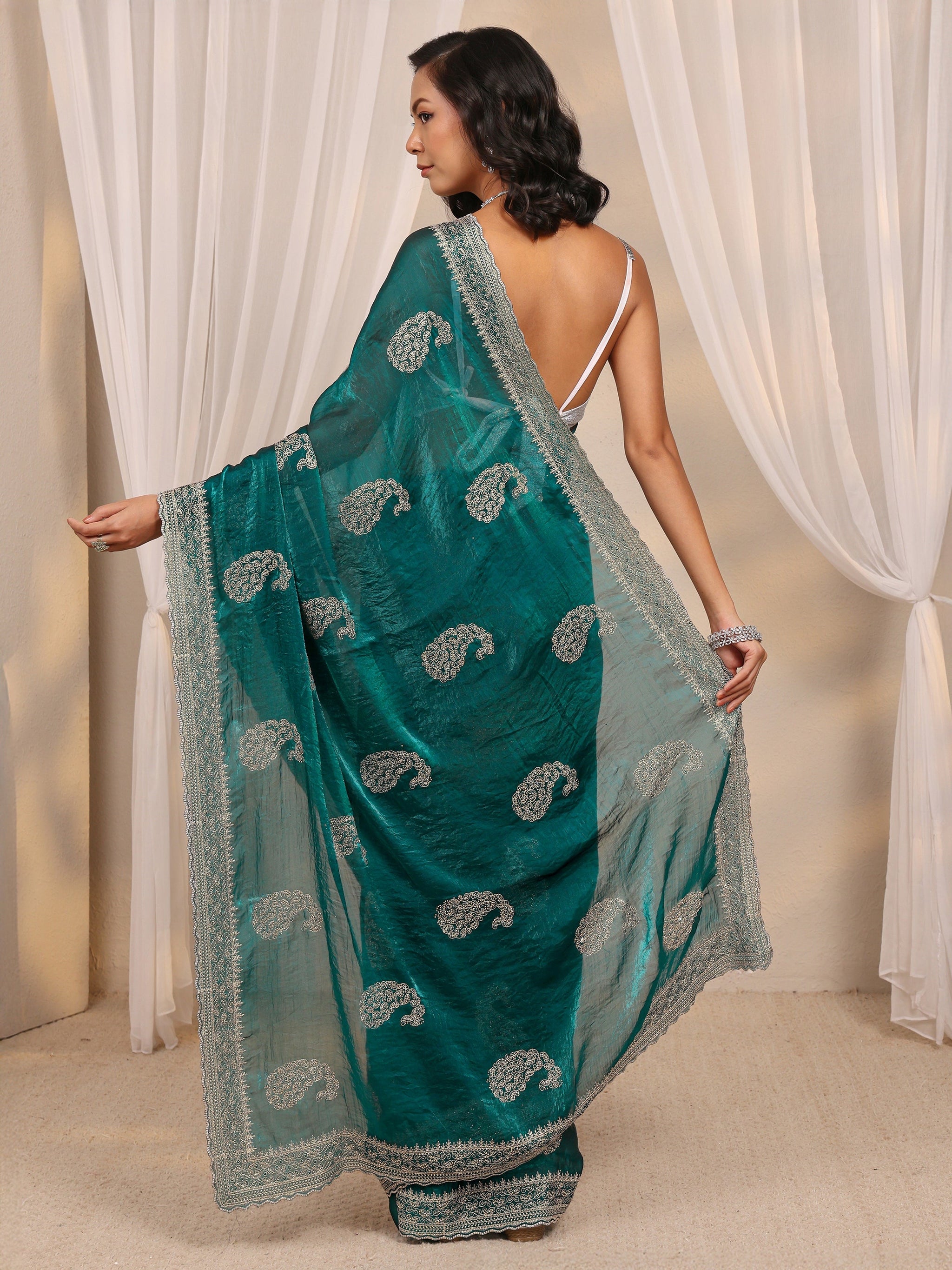 Libas Green Paisley Embellished Tissue Saree With Unstitched Blouse Piece