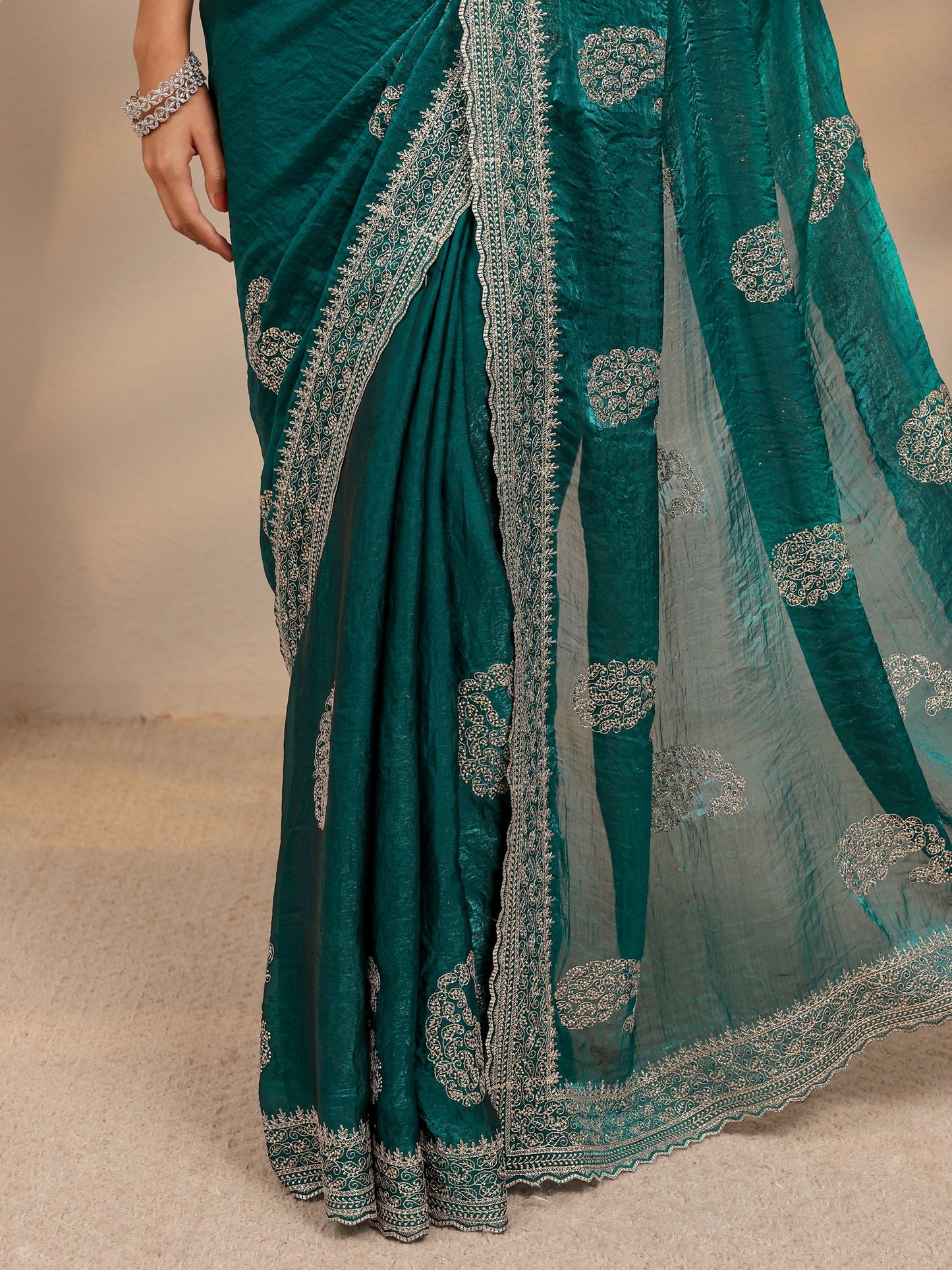 Libas Green Paisley Embellished Tissue Saree With Unstitched Blouse Piece