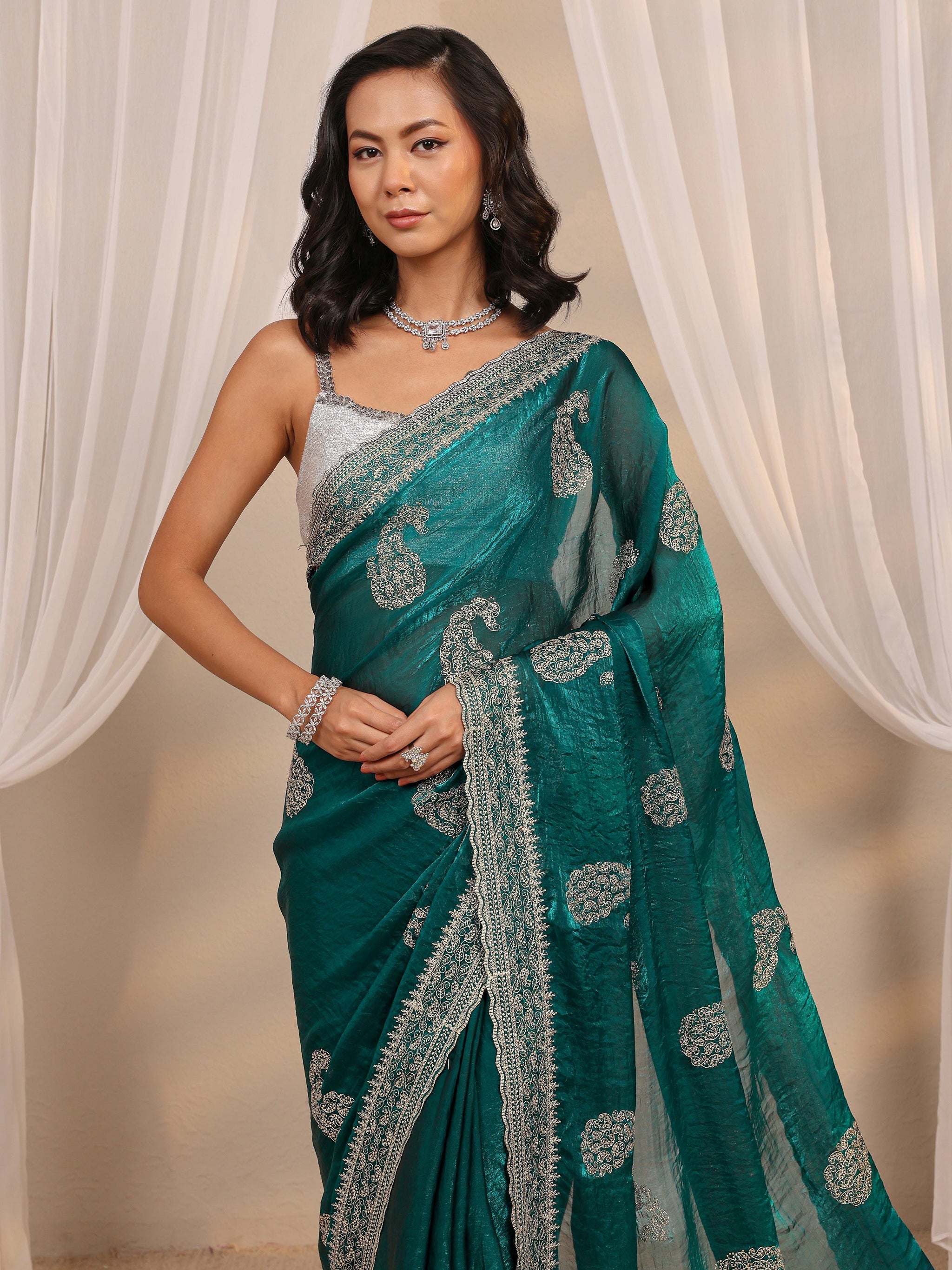 Libas Green Paisley Embellished Tissue Saree With Unstitched Blouse Piece