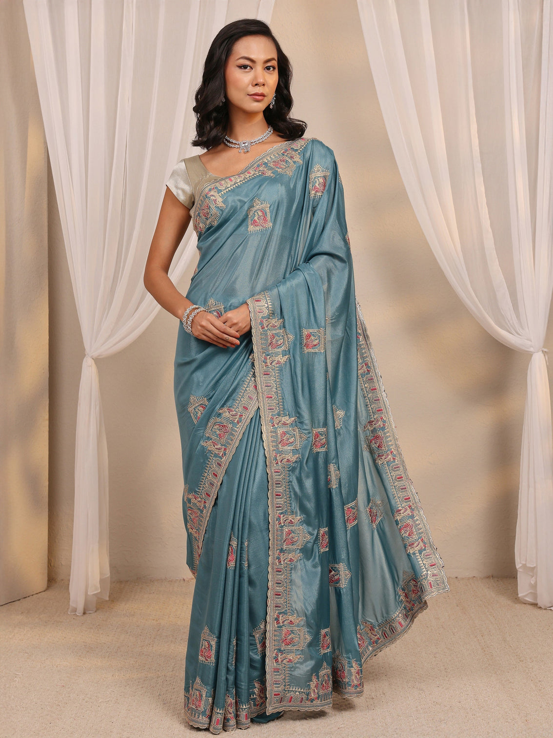 Mameraa Blue Ethnic Motif Embellished Satin Saree With Unstitched Blouse Piece