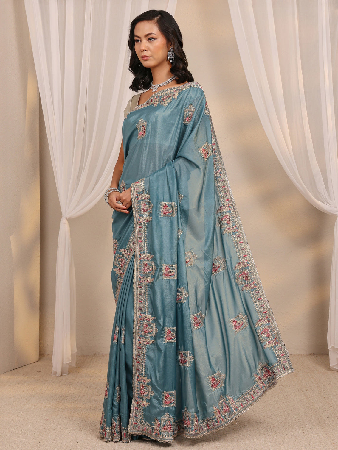 Mameraa Blue Ethnic Motif Embellished Satin Saree With Unstitched Blouse Piece