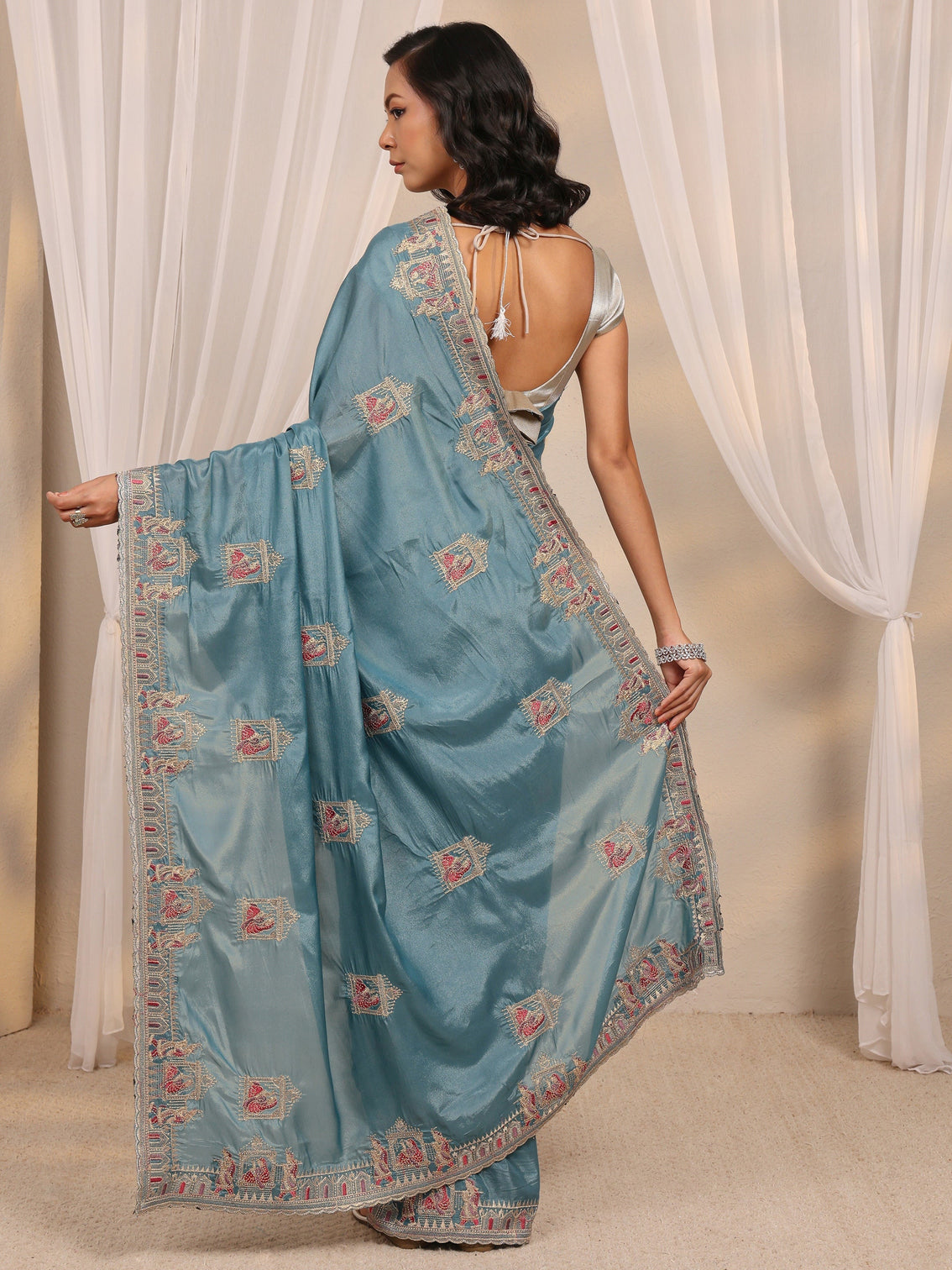 Mameraa Blue Ethnic Motif Embellished Satin Saree With Unstitched Blouse Piece