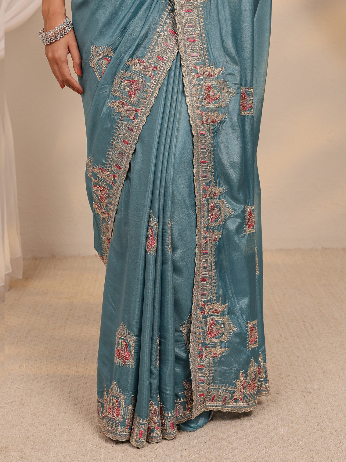 Mameraa Blue Ethnic Motif Embellished Satin Saree With Unstitched Blouse Piece
