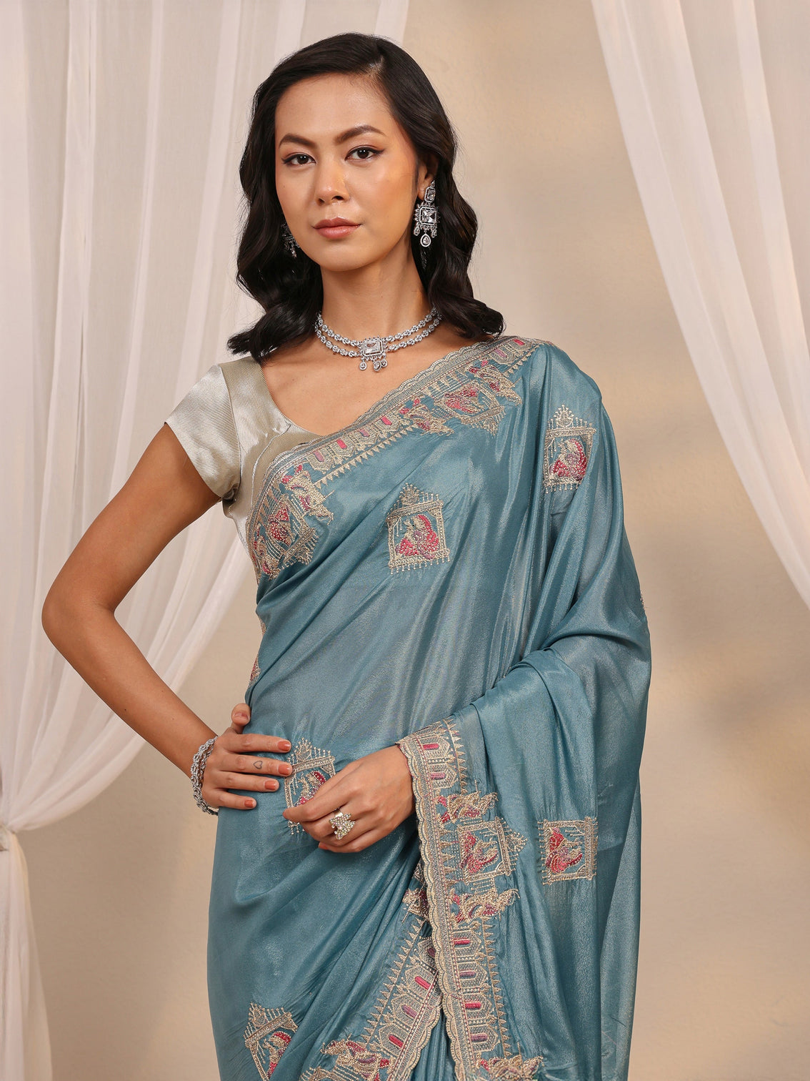 Mameraa Blue Ethnic Motif Embellished Satin Saree With Unstitched Blouse Piece