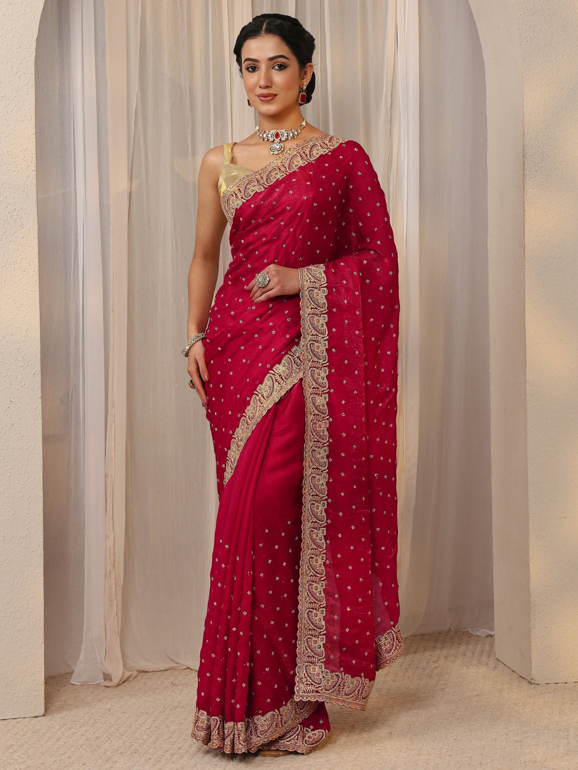 Mameraa Red Embellished Tissue Saree With Unstitched Blouse Piece