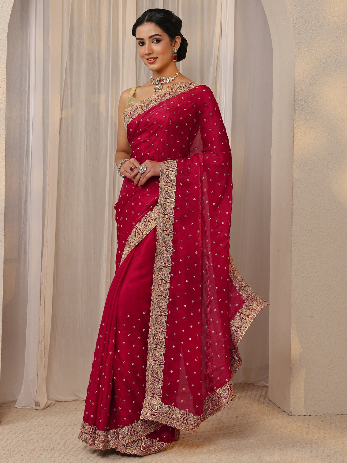 Mameraa Red Embellished Tissue Saree With Unstitched Blouse Piece