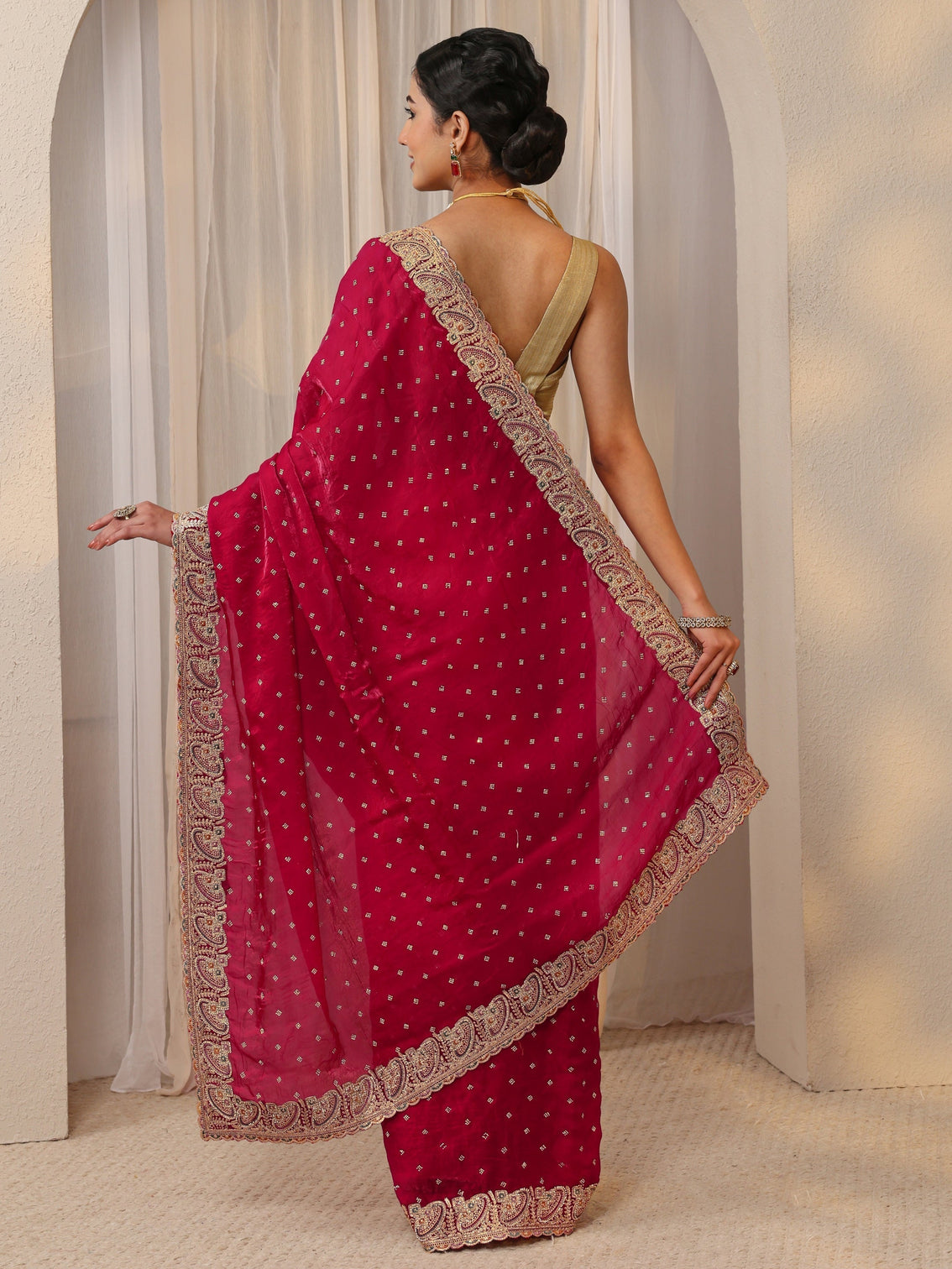Mameraa Red Embellished Tissue Saree With Unstitched Blouse Piece