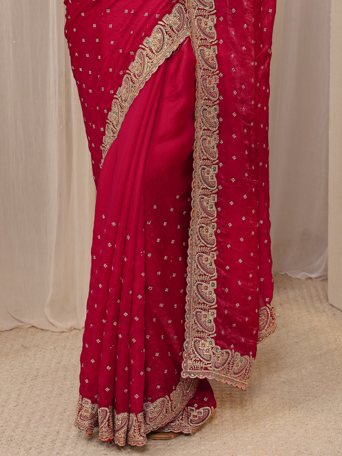 Mameraa Red Embellished Tissue Saree With Unstitched Blouse Piece