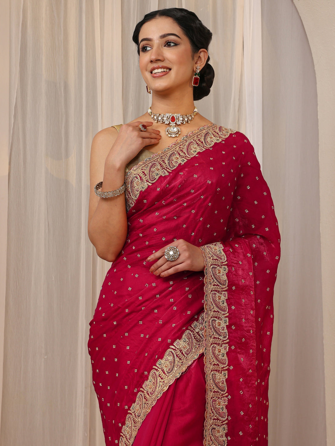 Mameraa Red Embellished Tissue Saree With Unstitched Blouse Piece