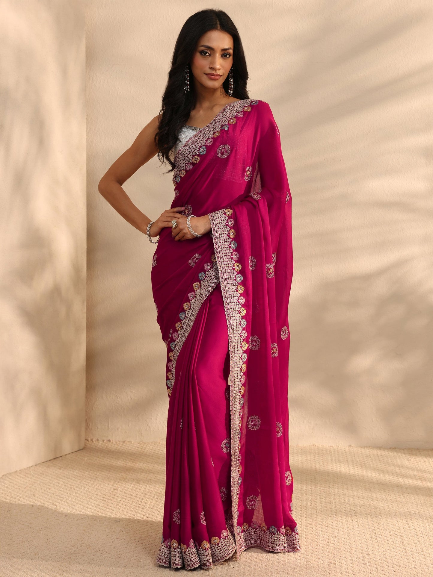 Libas Pink Embellished Satin Saree With Unstitched Blouse Piece