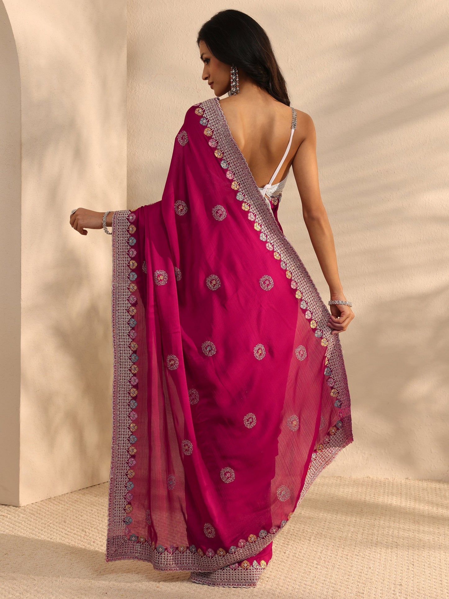 Libas Pink Embellished Satin Saree With Unstitched Blouse Piece