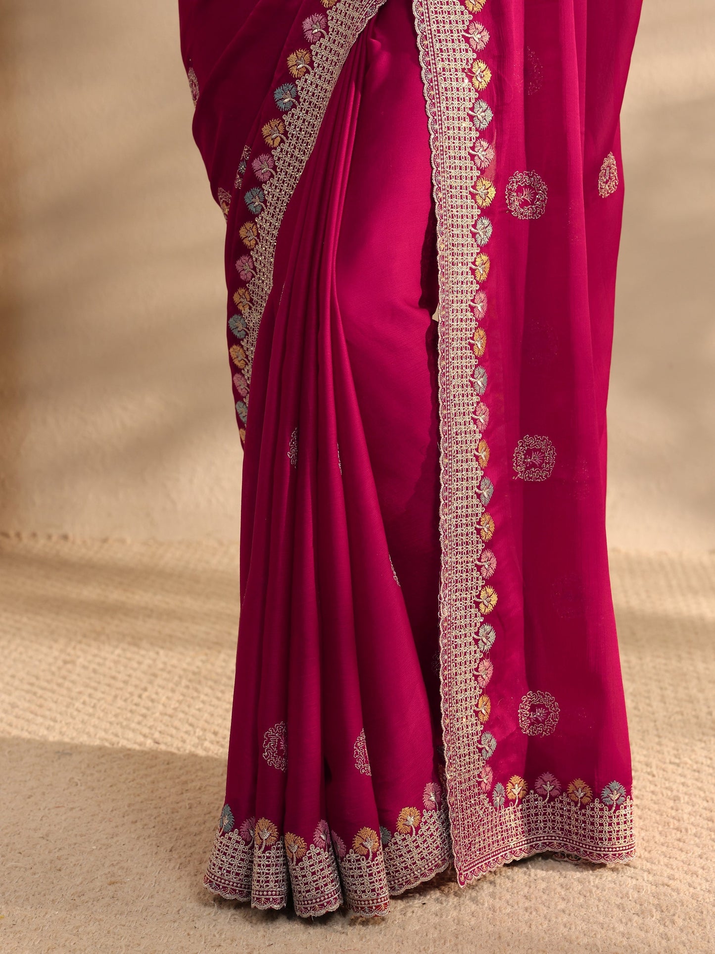 Libas Pink Embellished Satin Saree With Unstitched Blouse Piece